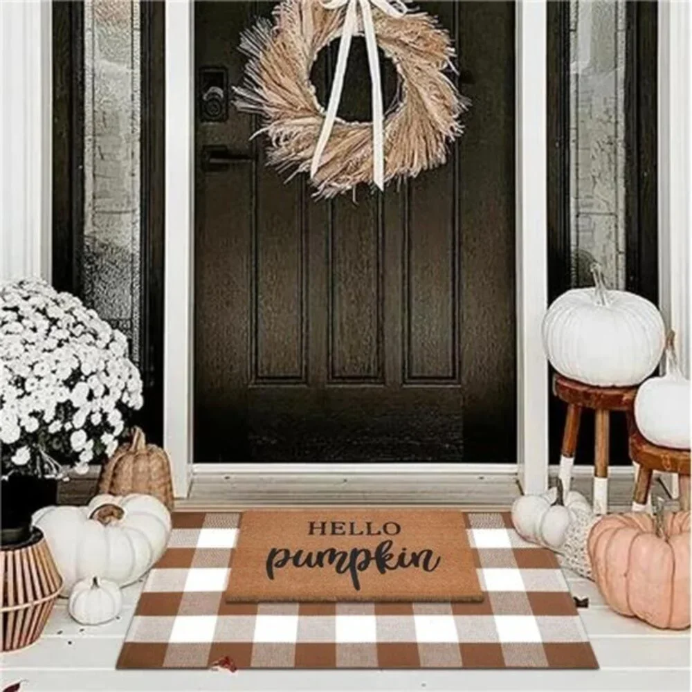 Fall Welcome Mat Set: Coco Coir Mat & 28x43 Coffee/White Plaid Rug -Autumn Decor